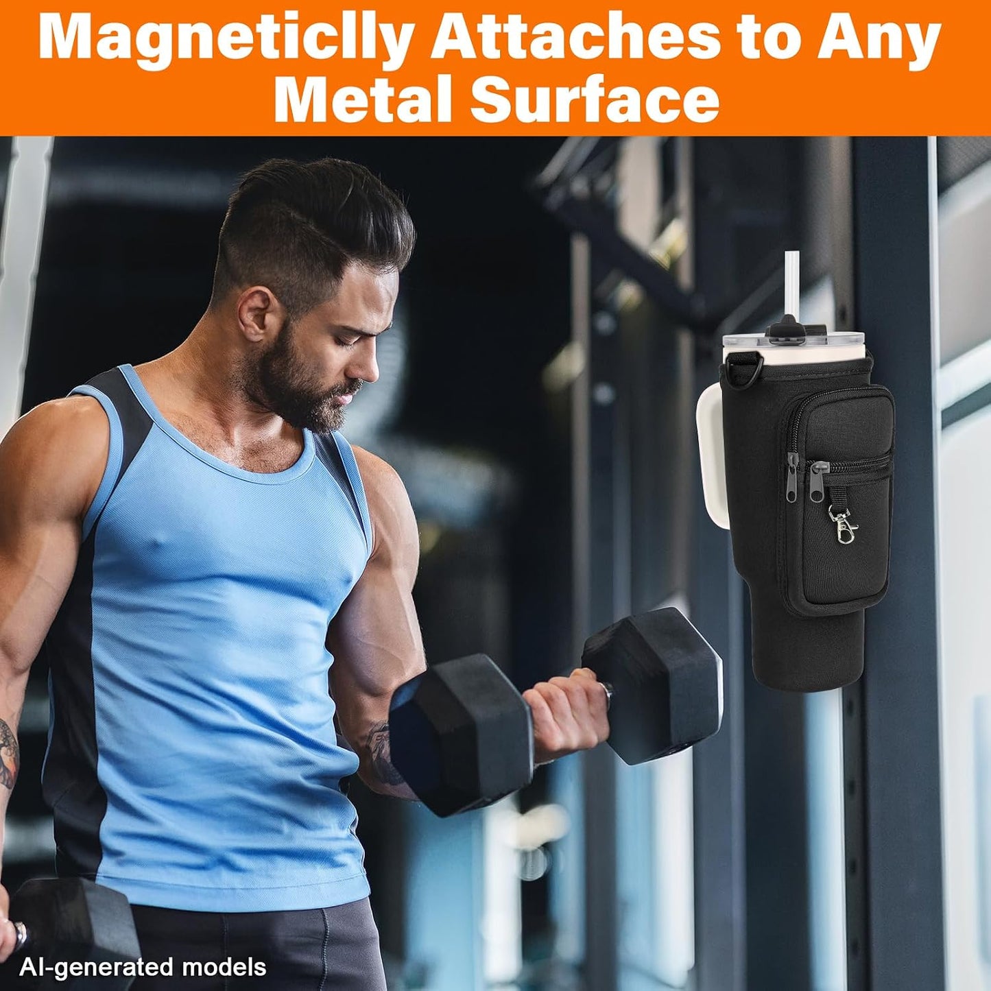 Magnetic Water Bottle Carrier Bag Fits for Stanley/Meoky 40 oz Tumbler | Water Bottle Holder Pouch with Adjustable Shoulder Strap & Phone Pocket Fits for Stanley Tumbler with Handle & Accessories