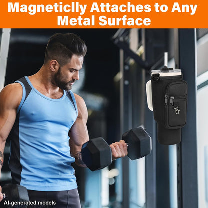 Magnetic Water Bottle Carrier Bag Fits for Stanley/Meoky 40 oz Tumbler | Water Bottle Holder Pouch with Adjustable Shoulder Strap & Phone Pocket Fits for Stanley Tumbler with Handle & Accessories