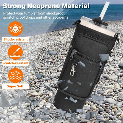 Magnetic Water Bottle Carrier Bag Fits for Stanley/Meoky 40 oz Tumbler | Water Bottle Holder Pouch with Adjustable Shoulder Strap & Phone Pocket Fits for Stanley Tumbler with Handle & Accessories