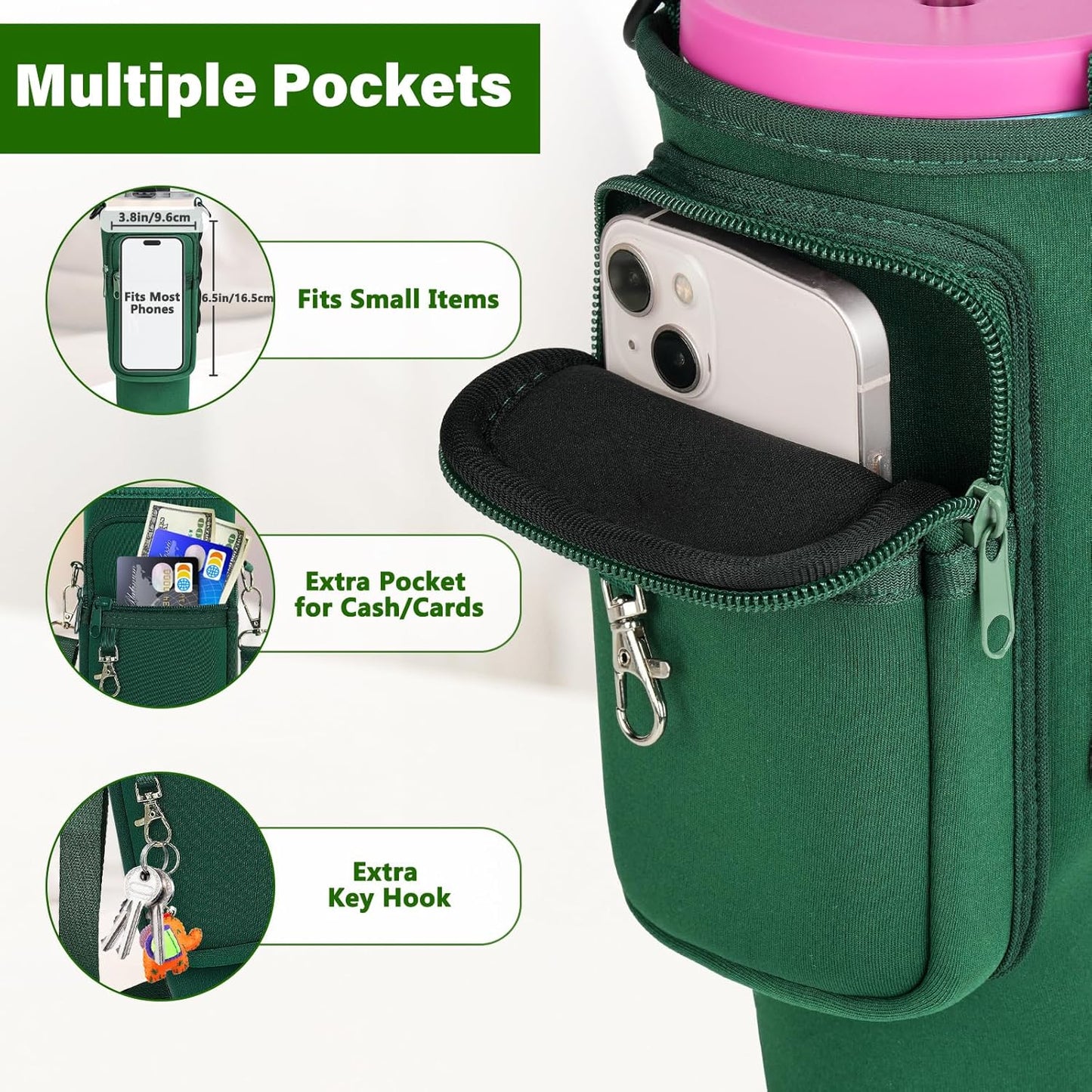 Magnetic Water Bottle Carrier Bag Fits for Stanley/Meoky 40 oz Tumbler | Water Bottle Holder Pouch with Adjustable Shoulder Strap & Phone Pocket Fits for Stanley Tumbler with Handle & Accessories