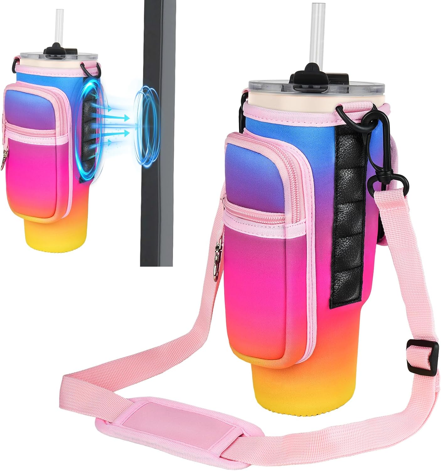 Magnetic Water Bottle Carrier Bag Fits for Stanley/Meoky 40 oz Tumbler | Water Bottle Holder Pouch with Adjustable Shoulder Strap & Phone Pocket Fits for Stanley Tumbler with Handle & Accessories