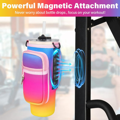 Magnetic Water Bottle Carrier Bag Fits for Stanley/Meoky 40 oz Tumbler | Water Bottle Holder Pouch with Adjustable Shoulder Strap & Phone Pocket Fits for Stanley Tumbler with Handle & Accessories