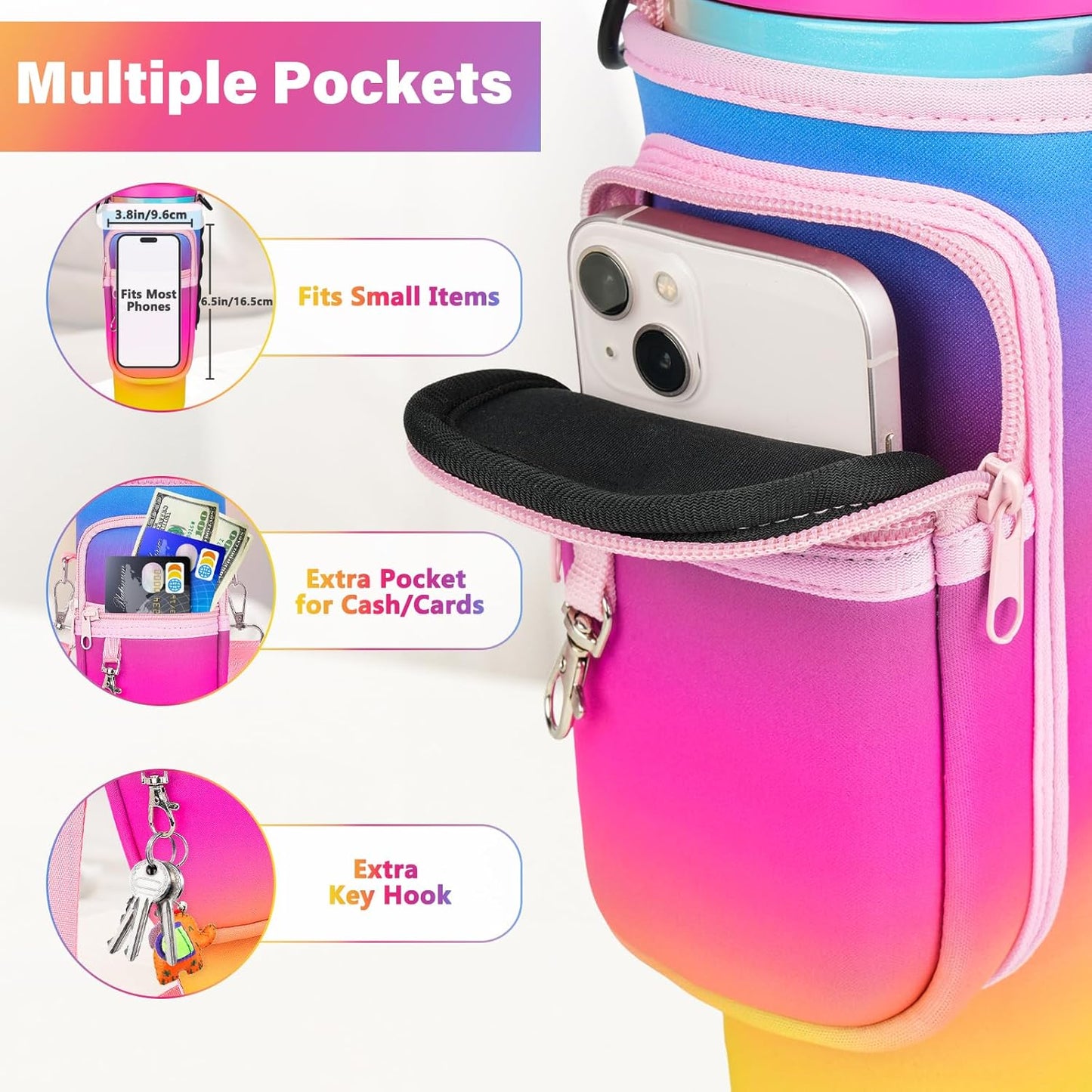 Magnetic Water Bottle Carrier Bag Fits for Stanley/Meoky 40 oz Tumbler | Water Bottle Holder Pouch with Adjustable Shoulder Strap & Phone Pocket Fits for Stanley Tumbler with Handle & Accessories