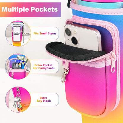 Magnetic Water Bottle Carrier Bag Fits for Stanley/Meoky 40 oz Tumbler | Water Bottle Holder Pouch with Adjustable Shoulder Strap & Phone Pocket Fits for Stanley Tumbler with Handle & Accessories