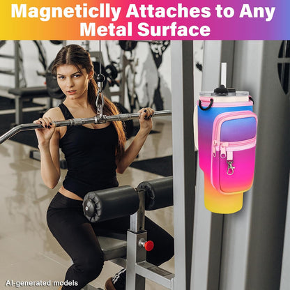 Magnetic Water Bottle Carrier Bag Fits for Stanley/Meoky 40 oz Tumbler | Water Bottle Holder Pouch with Adjustable Shoulder Strap & Phone Pocket Fits for Stanley Tumbler with Handle & Accessories
