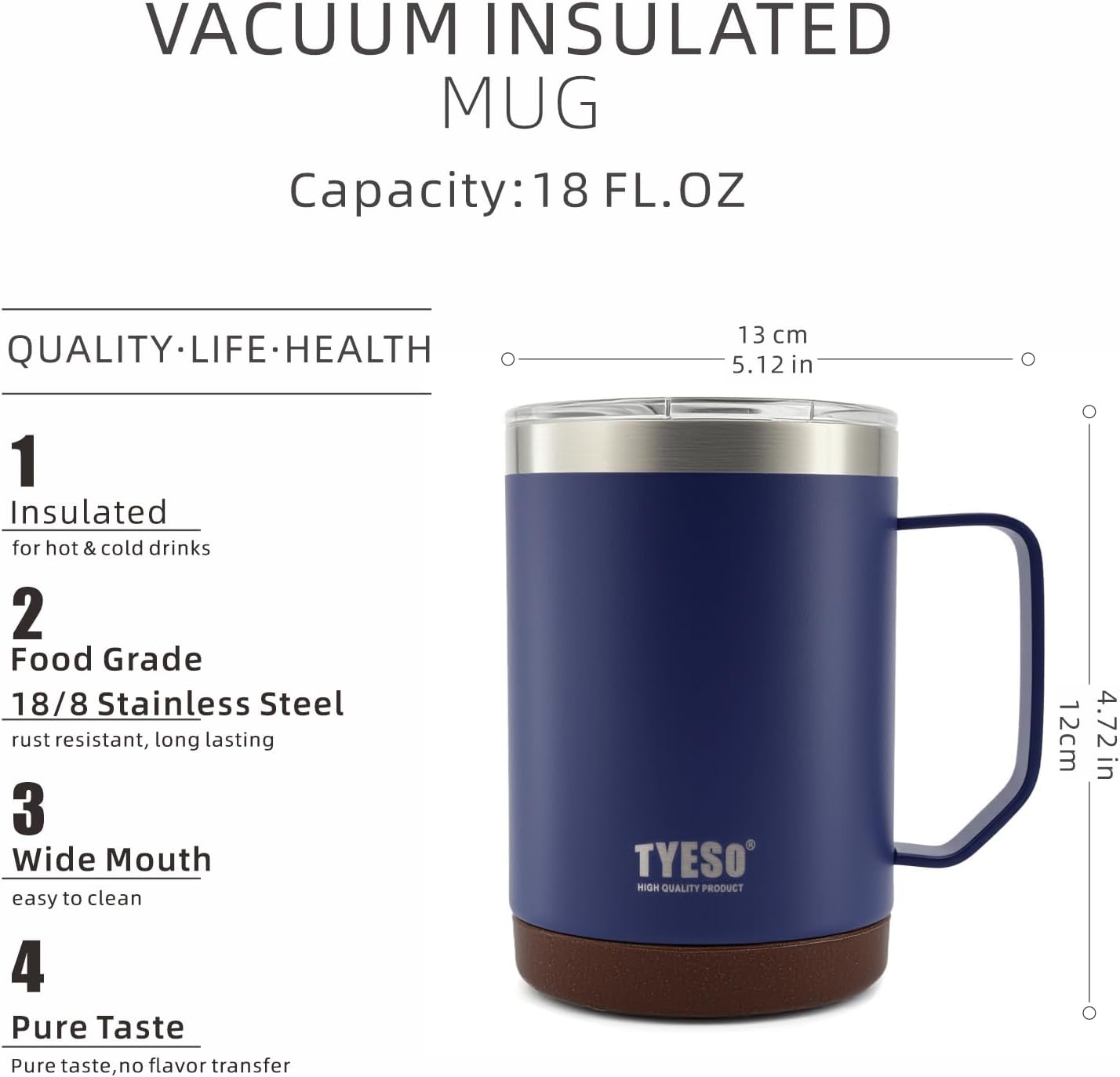 18 Oz Stainless Steel Purple Coffee Mug with Handle and Lid – Double Wall Vacuum Insulated Travel Cup for Hot & Cold Drinks – Durable Metal Coffee Tumbler for Home, Office & Camping