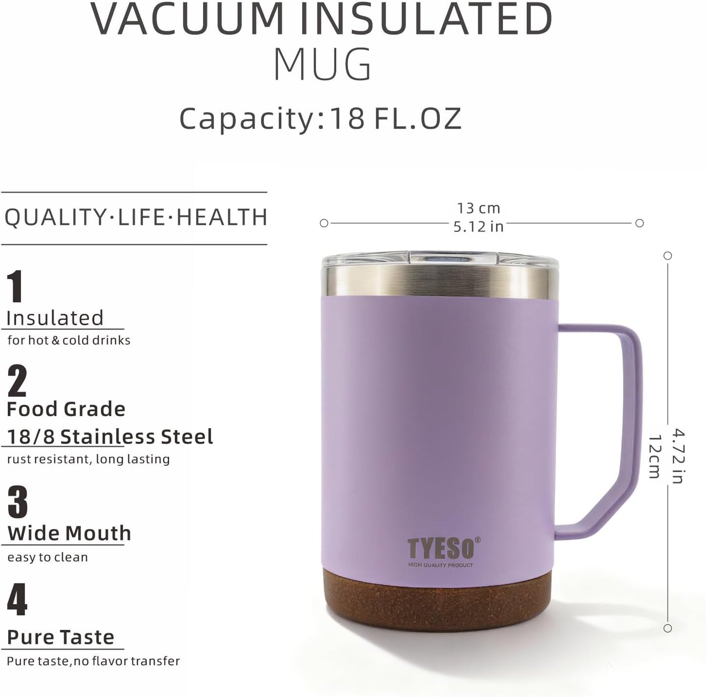 18 Oz Stainless Steel Purple Coffee Mug with Handle and Lid – Double Wall Vacuum Insulated Travel Cup for Hot & Cold Drinks – Durable Metal Coffee Tumbler for Home, Office & Camping