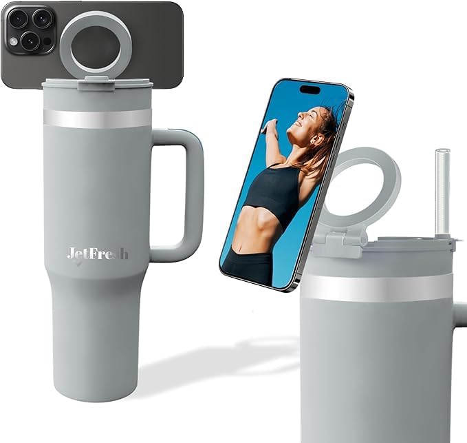 40 oz Tumbler with Handle and Straw Magnetic Phone Holder Tripod Lid - Insulated Stainless Steel Leak Proof Spill Proof Water Tumbler for Men and Women Cup for Gym Office Work Travel (White)