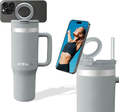 40 oz Tumbler with Handle and Straw Magnetic Phone Holder Tripod Lid - Insulated Stainless Steel Leak Proof Spill Proof Water Tumbler for Men and Women Cup for Gym Office Work Travel (White)