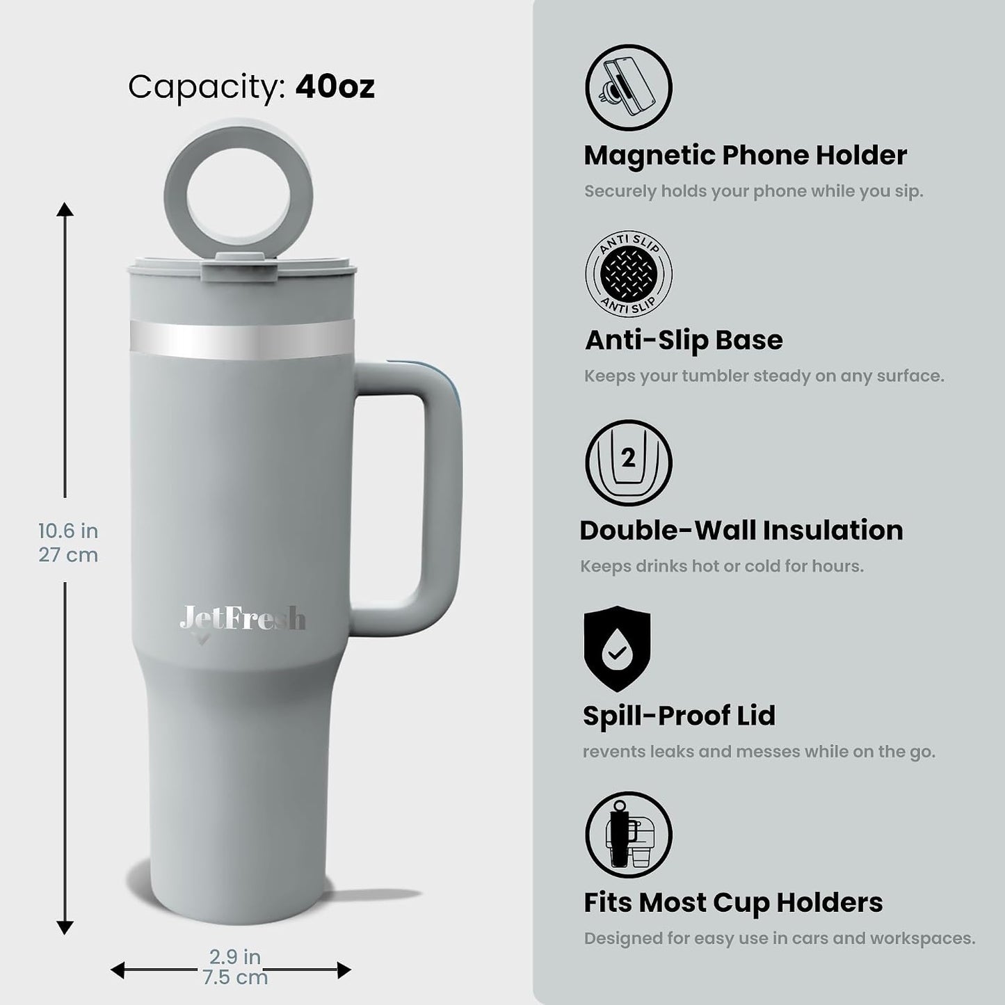 40 oz Tumbler with Handle and Straw Magnetic Phone Holder Tripod Lid - Insulated Stainless Steel Leak Proof Spill Proof Water Tumbler for Men and Women Cup for Gym Office Work Travel (White)