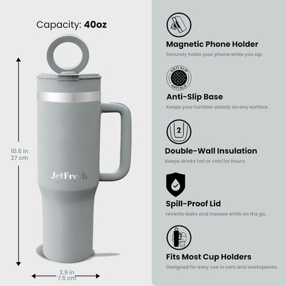 40 oz Tumbler with Handle and Straw Magnetic Phone Holder Tripod Lid - Insulated Stainless Steel Leak Proof Spill Proof Water Tumbler for Men and Women Cup for Gym Office Work Travel (White)