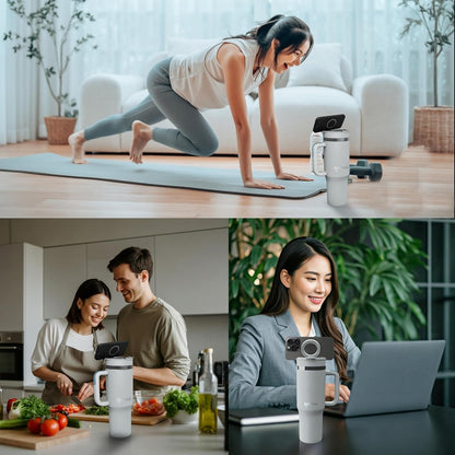 40 oz Tumbler with Handle and Straw Magnetic Phone Holder Tripod Lid - Insulated Stainless Steel Leak Proof Spill Proof Water Tumbler for Men and Women Cup for Gym Office Work Travel (White)