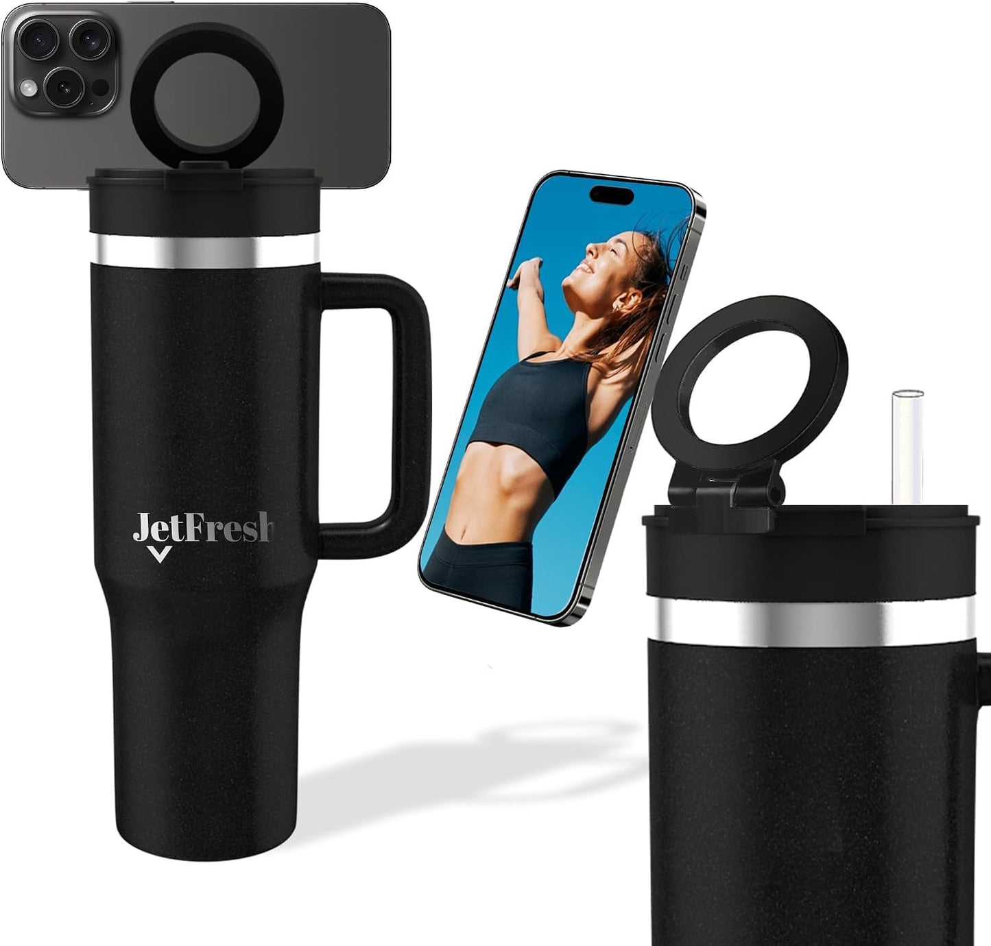 40 oz Tumbler with Handle and Straw Magnetic Phone Holder Tripod Lid - Insulated Stainless Steel Leak Proof Spill Proof Water Tumbler for Men and Women Cup for Gym Office Work Travel (White)