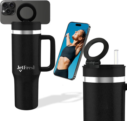 40 oz Tumbler with Handle and Straw Magnetic Phone Holder Tripod Lid - Insulated Stainless Steel Leak Proof Spill Proof Water Tumbler for Men and Women Cup for Gym Office Work Travel (White)