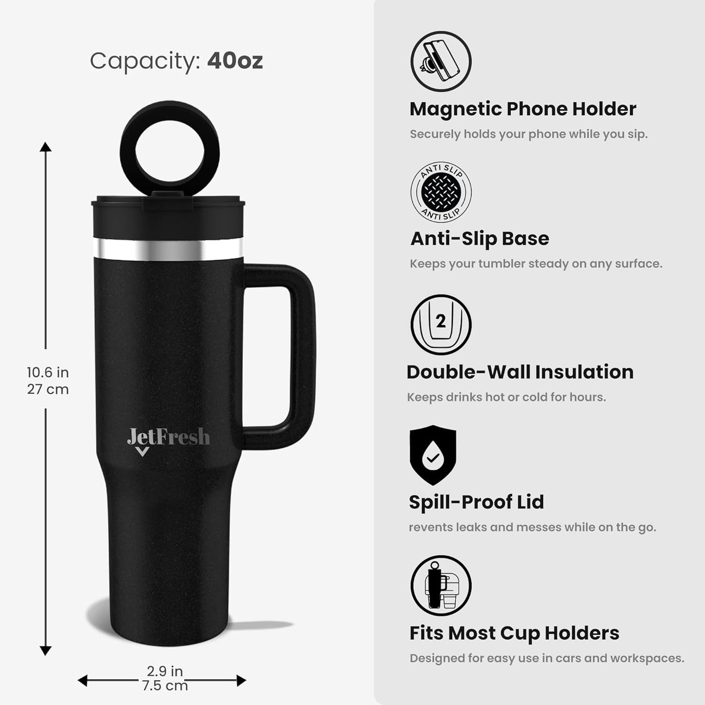 40 oz Tumbler with Handle and Straw Magnetic Phone Holder Tripod Lid - Insulated Stainless Steel Leak Proof Spill Proof Water Tumbler for Men and Women Cup for Gym Office Work Travel (White)