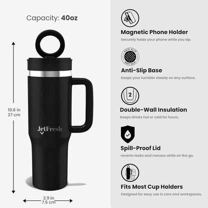 40 oz Tumbler with Handle and Straw Magnetic Phone Holder Tripod Lid - Insulated Stainless Steel Leak Proof Spill Proof Water Tumbler for Men and Women Cup for Gym Office Work Travel (White)