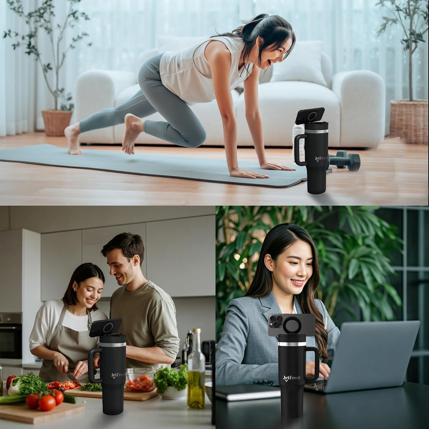 40 oz Tumbler with Handle and Straw Magnetic Phone Holder Tripod Lid - Insulated Stainless Steel Leak Proof Spill Proof Water Tumbler for Men and Women Cup for Gym Office Work Travel (White)