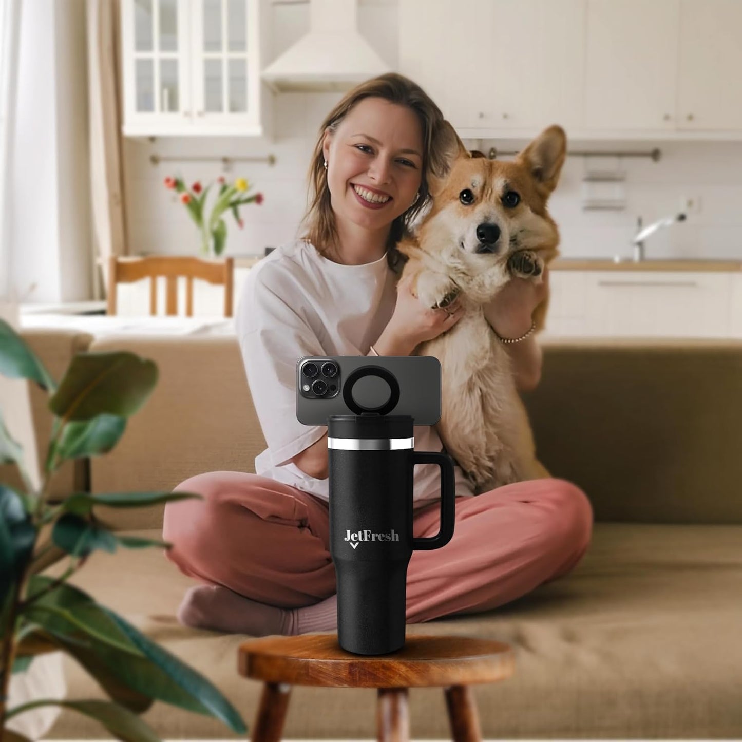 40 oz Tumbler with Handle and Straw Magnetic Phone Holder Tripod Lid - Insulated Stainless Steel Leak Proof Spill Proof Water Tumbler for Men and Women Cup for Gym Office Work Travel (White)
