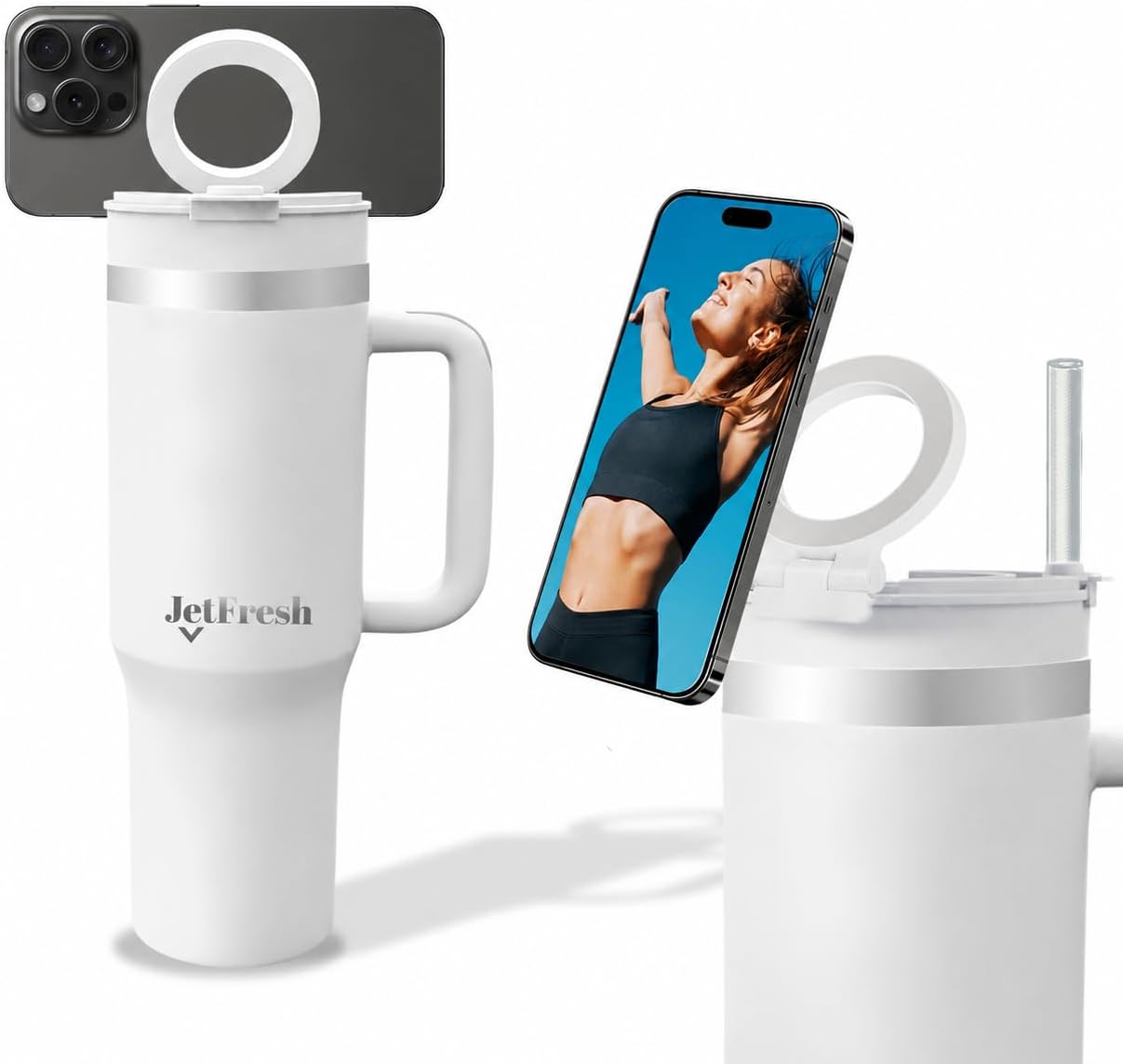 40 oz Tumbler with Handle and Straw Magnetic Phone Holder Tripod Lid - Insulated Stainless Steel Leak Proof Spill Proof Water Tumbler for Men and Women Cup for Gym Office Work Travel (White)