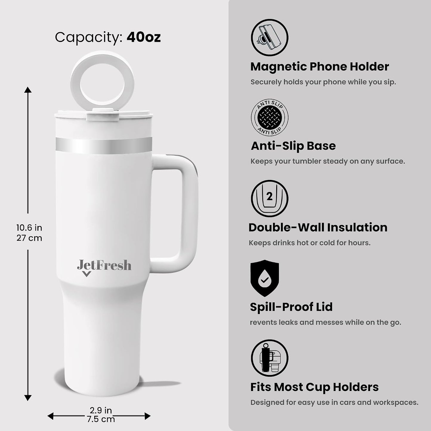40 oz Tumbler with Handle and Straw Magnetic Phone Holder Tripod Lid - Insulated Stainless Steel Leak Proof Spill Proof Water Tumbler for Men and Women Cup for Gym Office Work Travel (White)