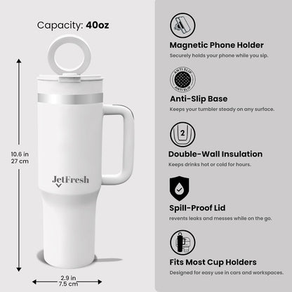40 oz Tumbler with Handle and Straw Magnetic Phone Holder Tripod Lid - Insulated Stainless Steel Leak Proof Spill Proof Water Tumbler for Men and Women Cup for Gym Office Work Travel (White)
