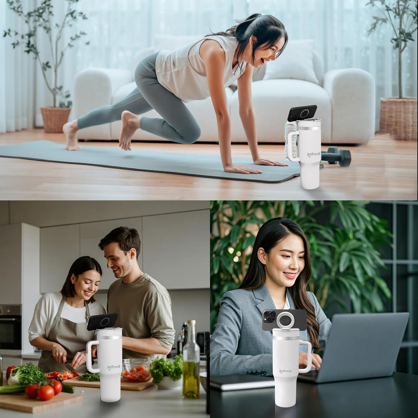 40 oz Tumbler with Handle and Straw Magnetic Phone Holder Tripod Lid - Insulated Stainless Steel Leak Proof Spill Proof Water Tumbler for Men and Women Cup for Gym Office Work Travel (White)