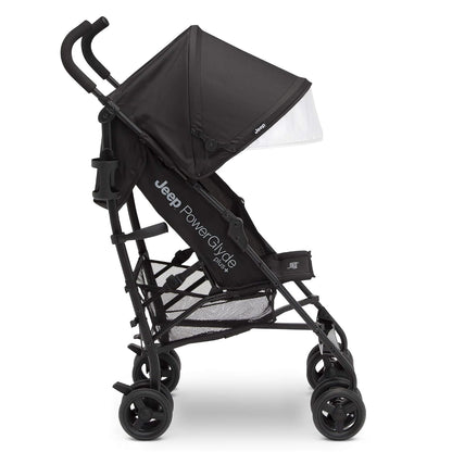 Jeep PowerGlyde Plus Stroller Lightweight Travel Stroller with Smoothest Ride, Aluminum Frame, 4-Position Recline, Extra Large Storage Basket, Black