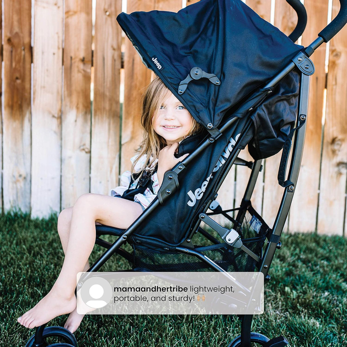 Jeep PowerGlyde Plus Stroller Lightweight Travel Stroller with Smoothest Ride, Aluminum Frame, 4-Position Recline, Extra Large Storage Basket, Black