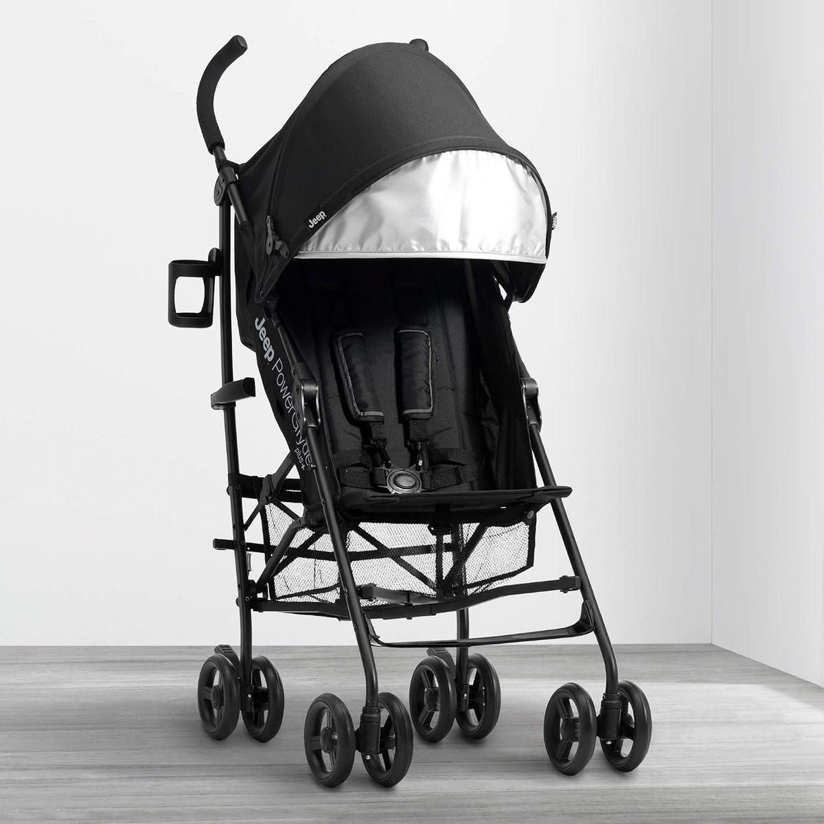 Jeep PowerGlyde Plus Stroller Lightweight Travel Stroller with Smoothest Ride, Aluminum Frame, 4-Position Recline, Extra Large Storage Basket, Black
