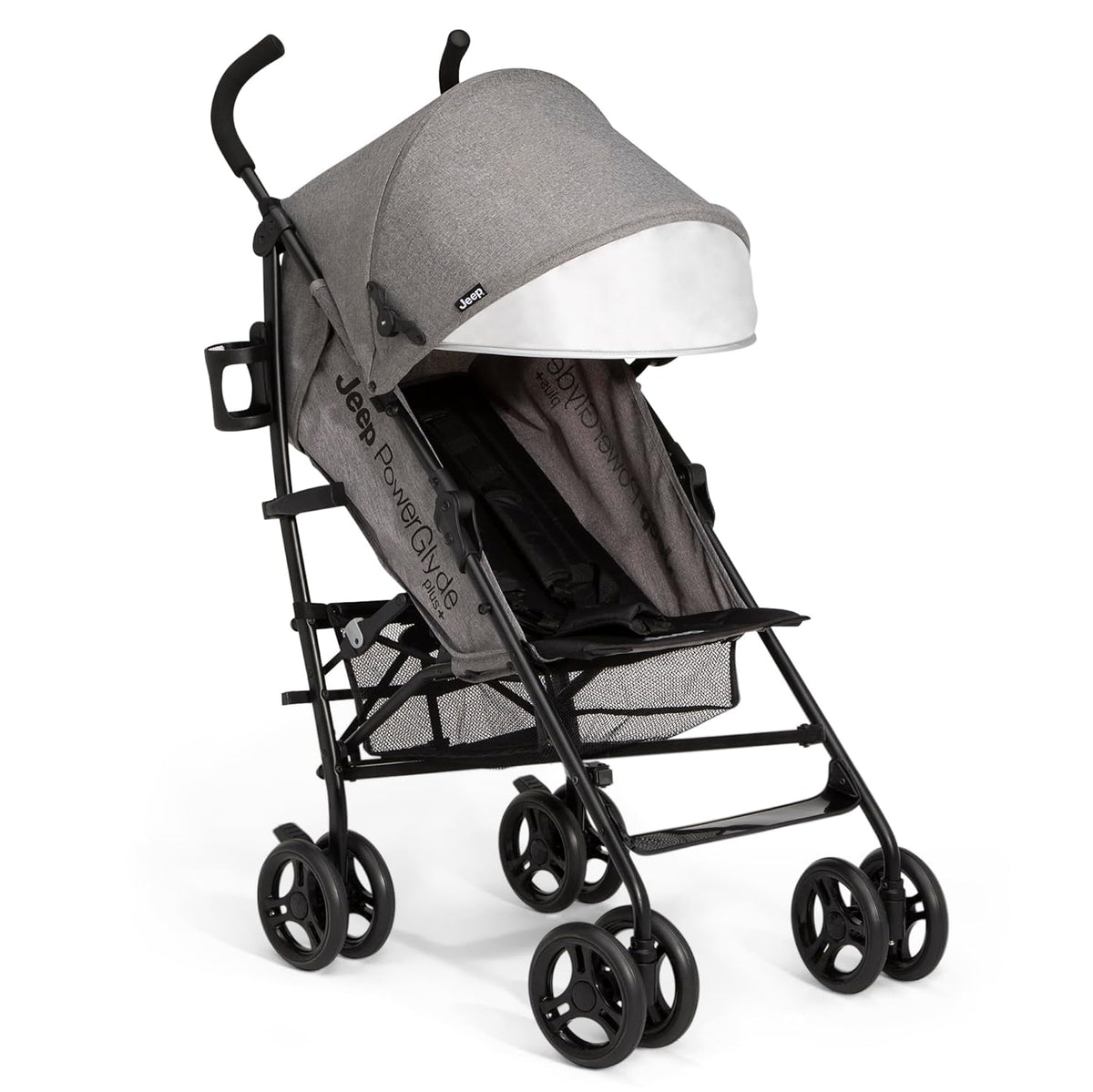 Jeep PowerGlyde Plus Stroller Lightweight Travel Stroller with Smoothest Ride, Aluminum Frame, 4-Position Recline, Extra Large Storage Basket, Black