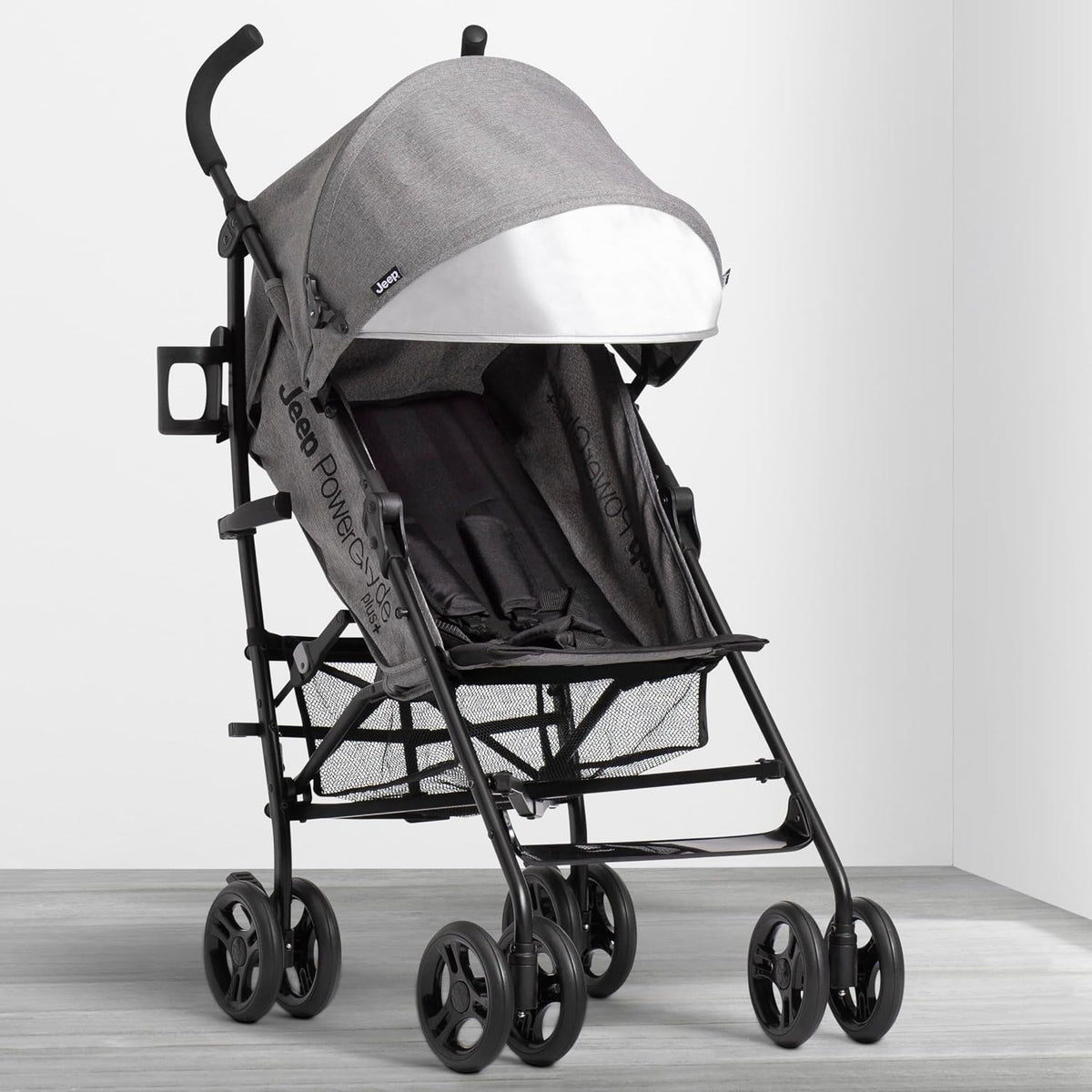 Jeep PowerGlyde Plus Stroller Lightweight Travel Stroller with Smoothest Ride, Aluminum Frame, 4-Position Recline, Extra Large Storage Basket, Black