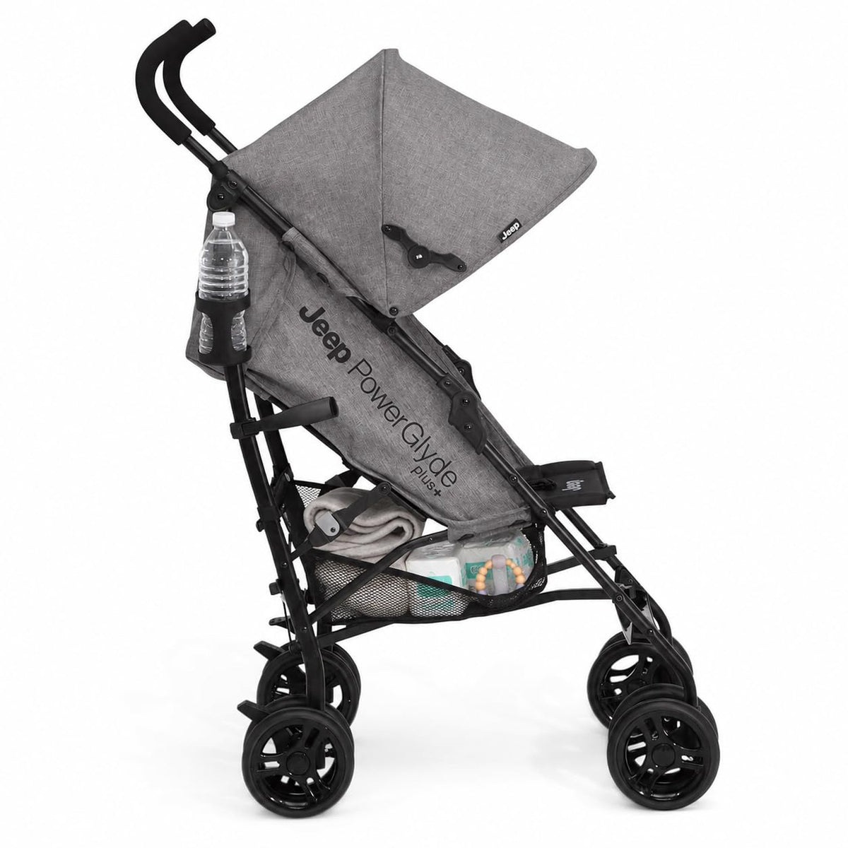 Jeep PowerGlyde Plus Stroller Lightweight Travel Stroller with Smoothest Ride, Aluminum Frame, 4-Position Recline, Extra Large Storage Basket, Black