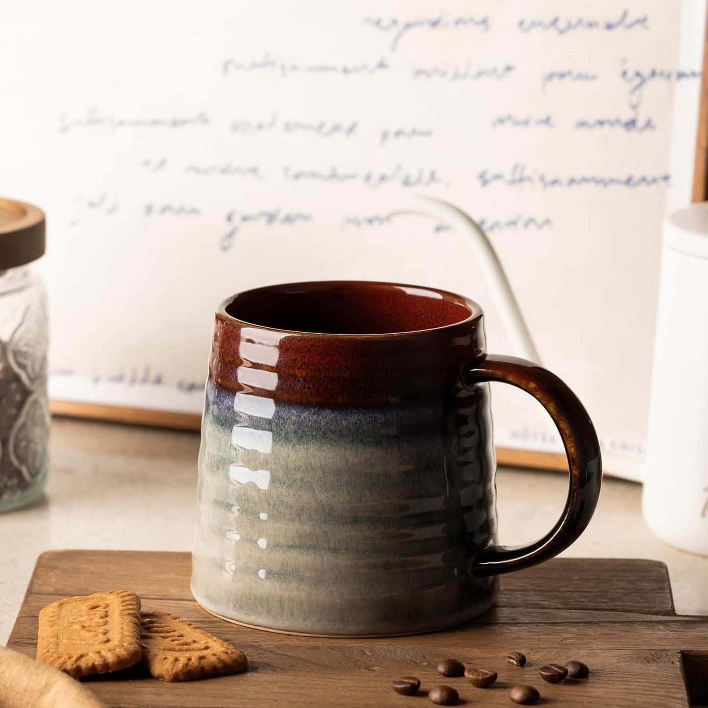 15.5oz Large Heavyweight Ceramic Mug, Reactive (Blue-Black) | 15.5oz Medium-Large, Heavy Weighted Stoneware, Reactive Transmutation Glaze, Microwave & Dishwasher Safe, Gift Box