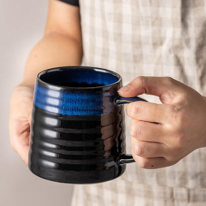 15.5oz Large Heavyweight Ceramic Mug, Reactive (Blue-Black) | 15.5oz Medium-Large, Heavy Weighted Stoneware, Reactive Transmutation Glaze, Microwave & Dishwasher Safe, Gift Box