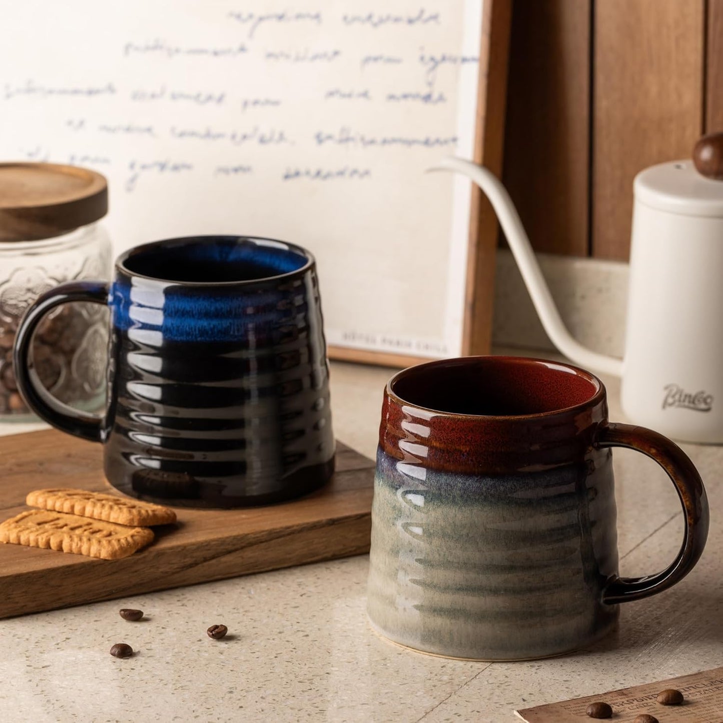 15.5oz Large Heavyweight Ceramic Mug, Reactive (Blue-Black) | 15.5oz Medium-Large, Heavy Weighted Stoneware, Reactive Transmutation Glaze, Microwave & Dishwasher Safe, Gift Box