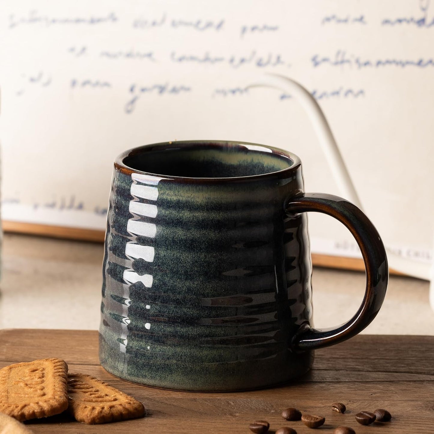 15.5oz Large Heavyweight Ceramic Mug, Reactive (Blue-Black) | 15.5oz Medium-Large, Heavy Weighted Stoneware, Reactive Transmutation Glaze, Microwave & Dishwasher Safe, Gift Box