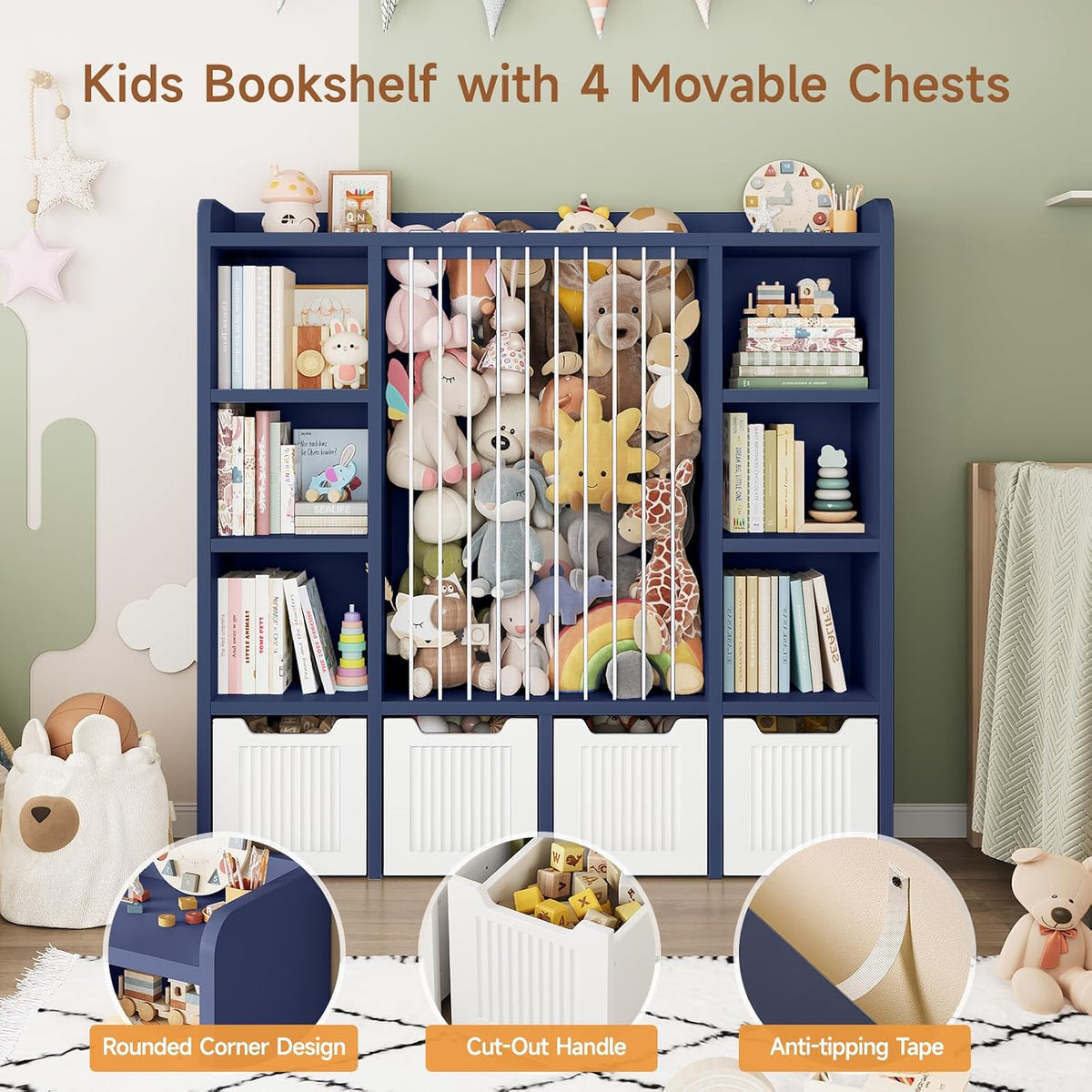 3-in-1 Toy & Stuffed Animal Storage, 4 Movable Toy Chest, White