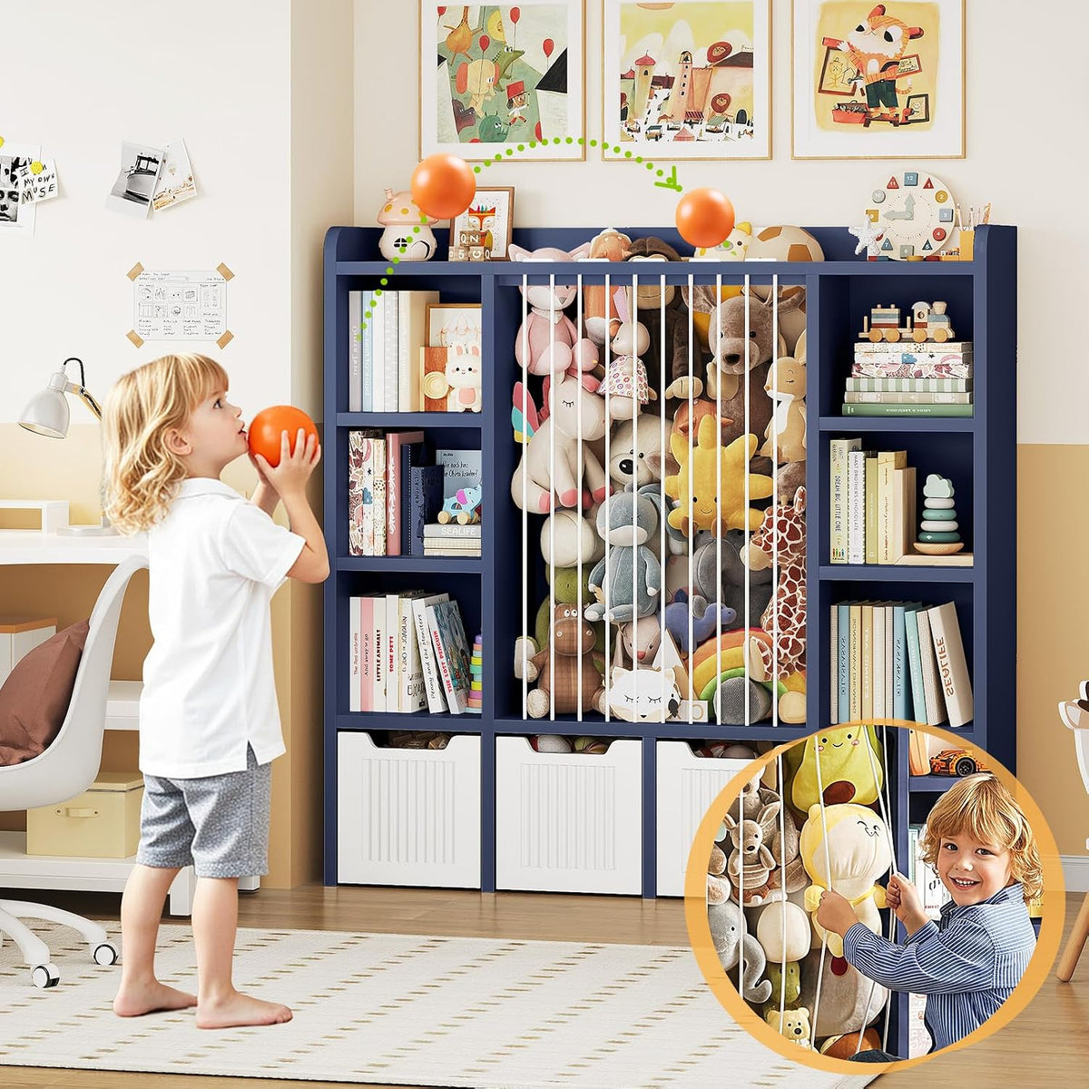 3-in-1 Toy & Stuffed Animal Storage, 4 Movable Toy Chest, White