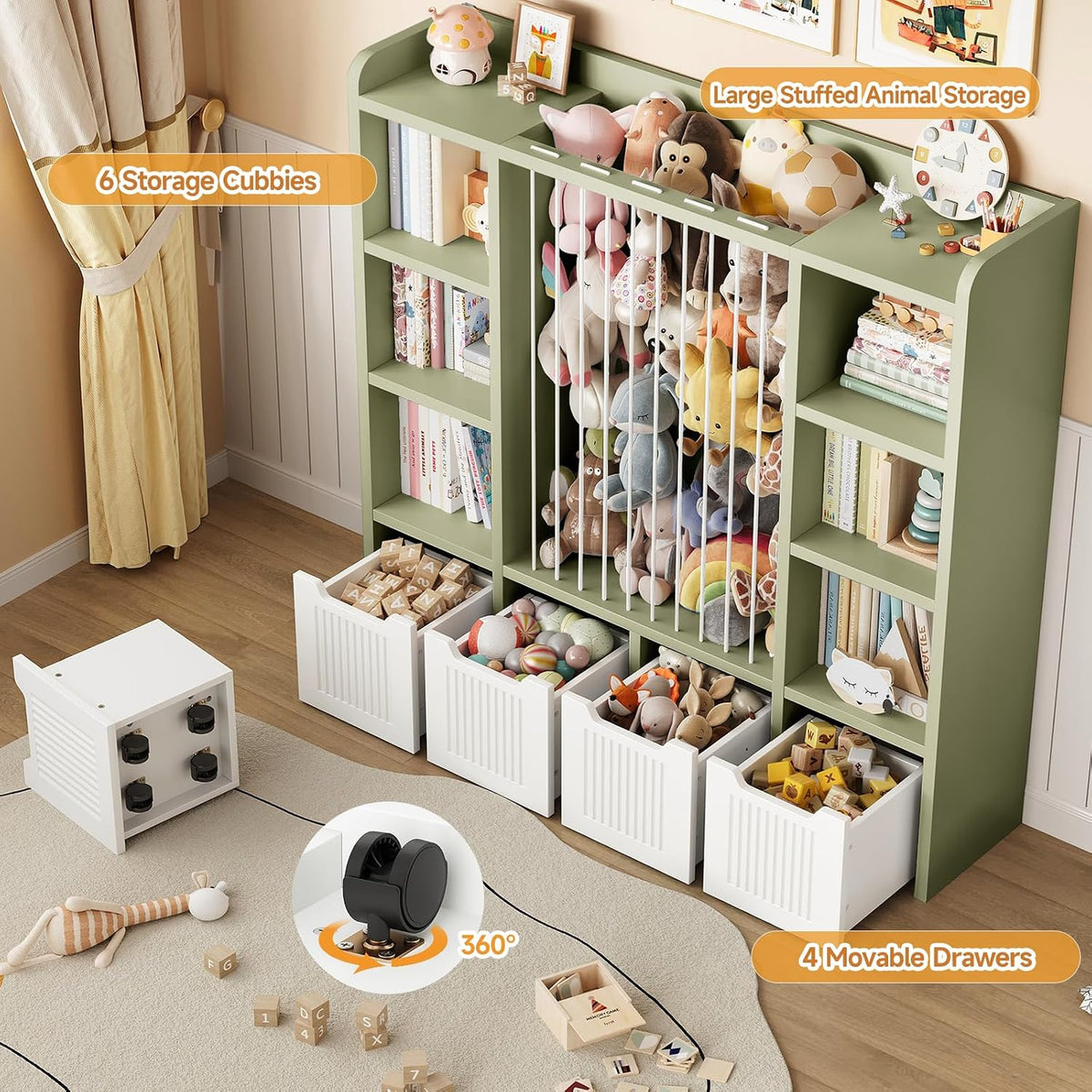 3-in-1 Toy & Stuffed Animal Storage, 4 Movable Toy Chest, White