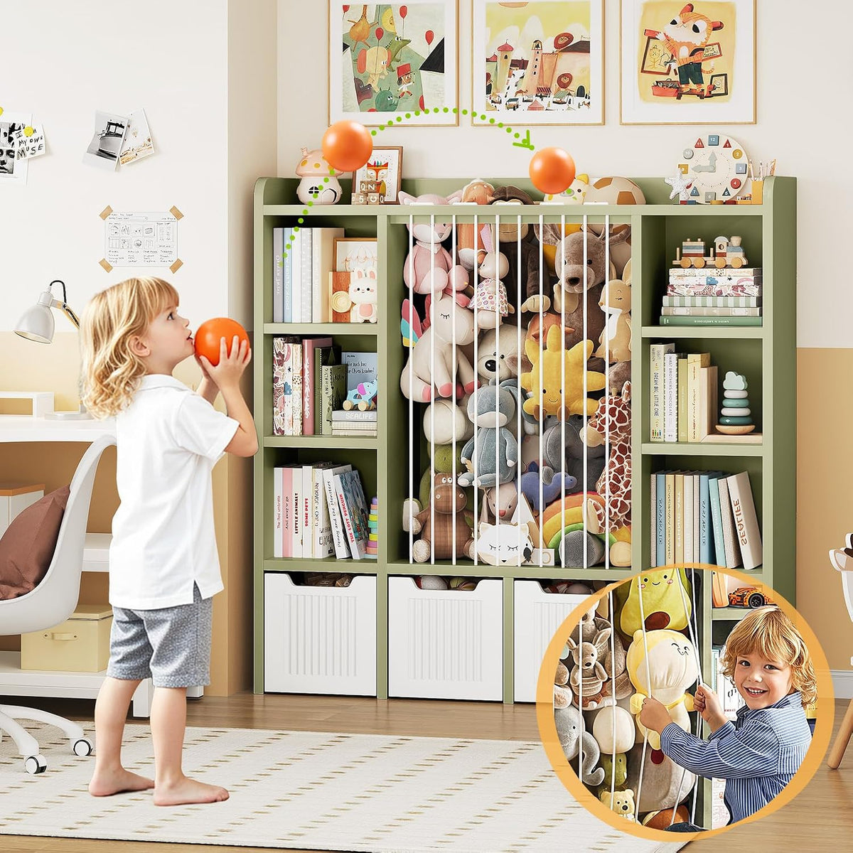 3-in-1 Toy & Stuffed Animal Storage, 4 Movable Toy Chest, White