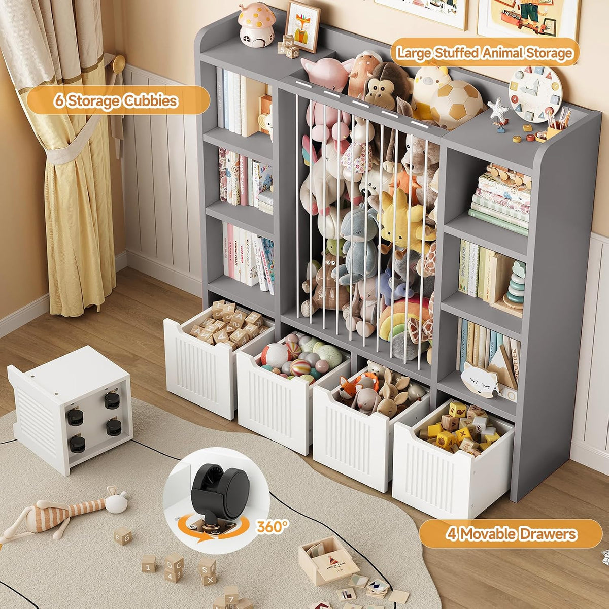 3-in-1 Toy & Stuffed Animal Storage, 4 Movable Toy Chest, White