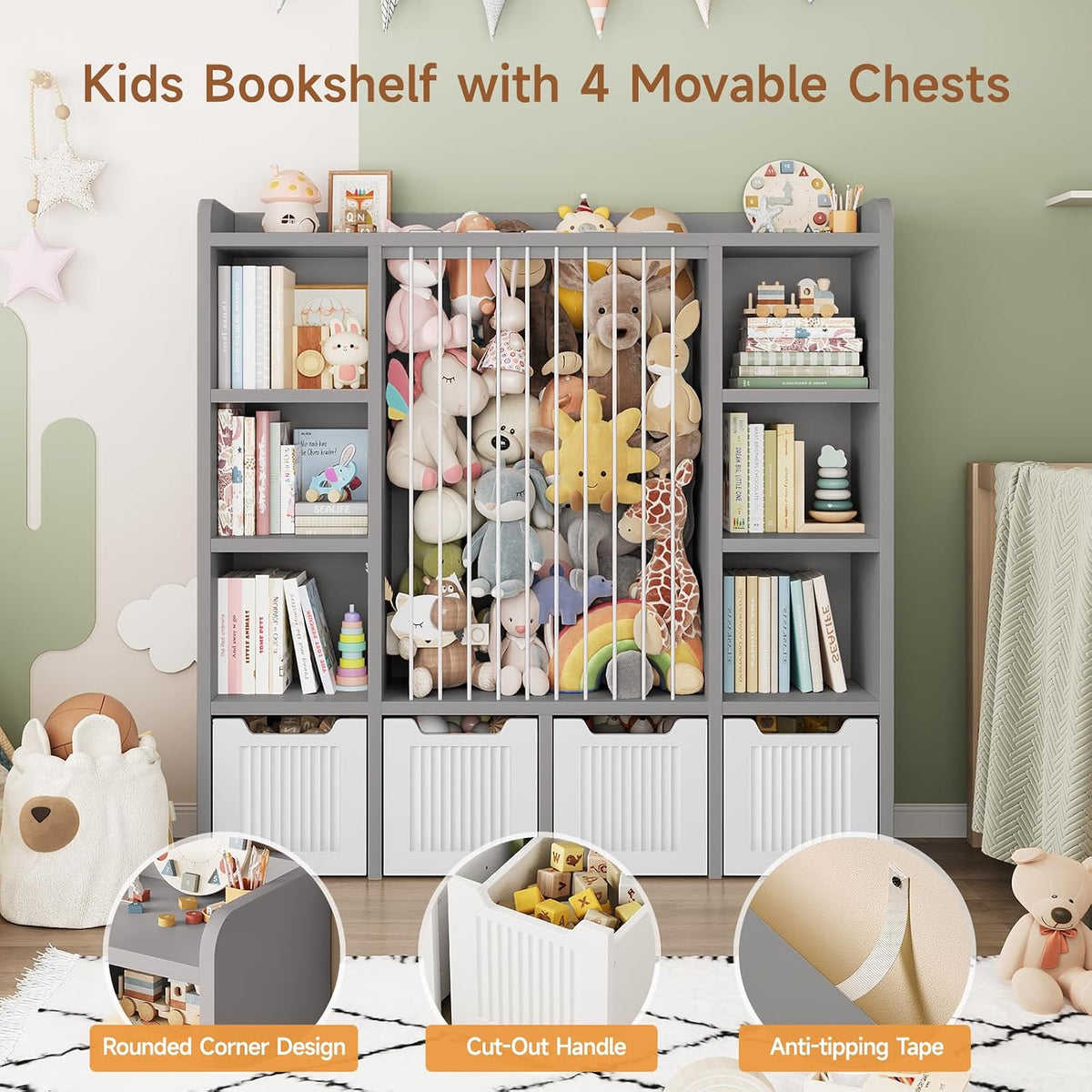 3-in-1 Toy & Stuffed Animal Storage, 4 Movable Toy Chest, White