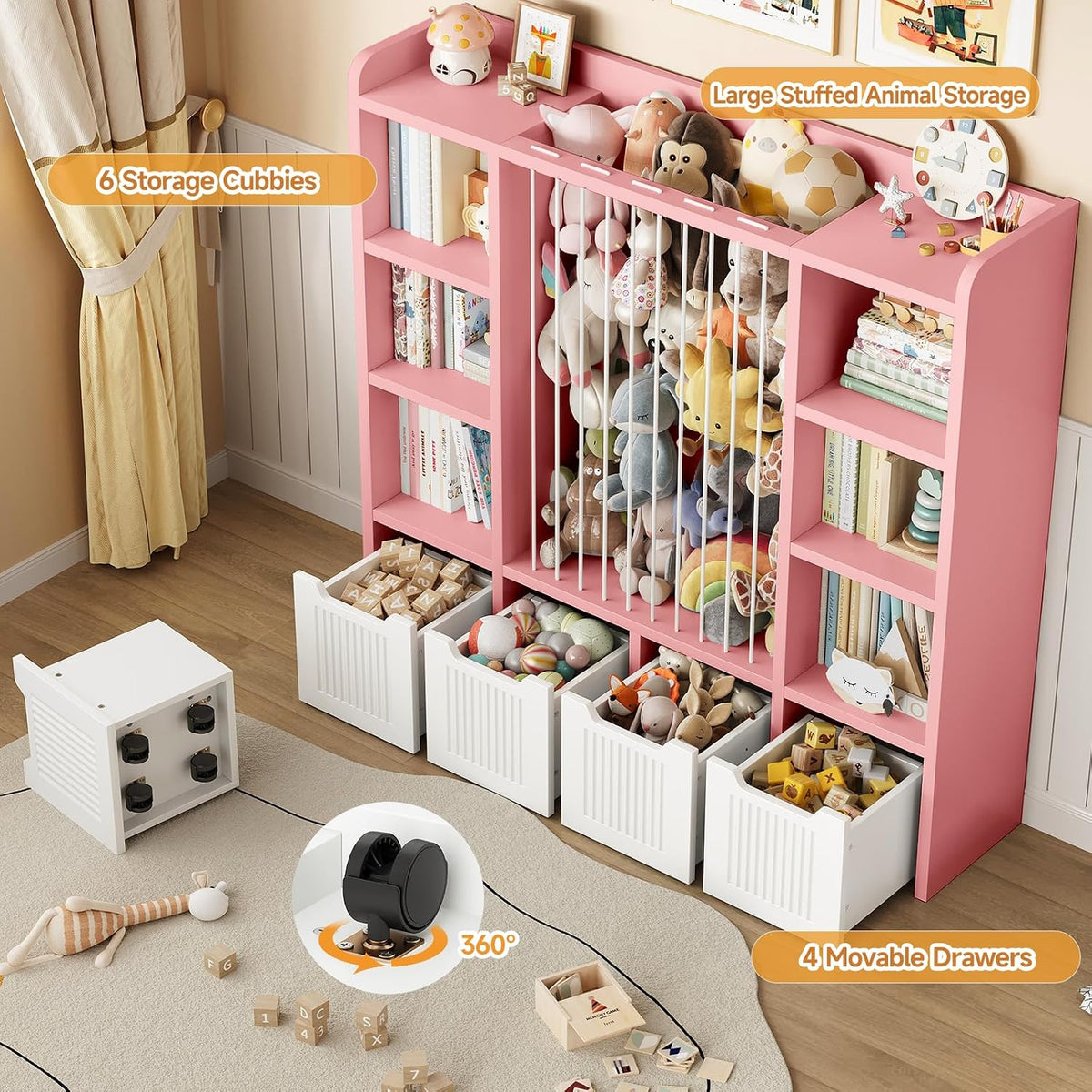 3-in-1 Toy & Stuffed Animal Storage, 4 Movable Toy Chest, White
