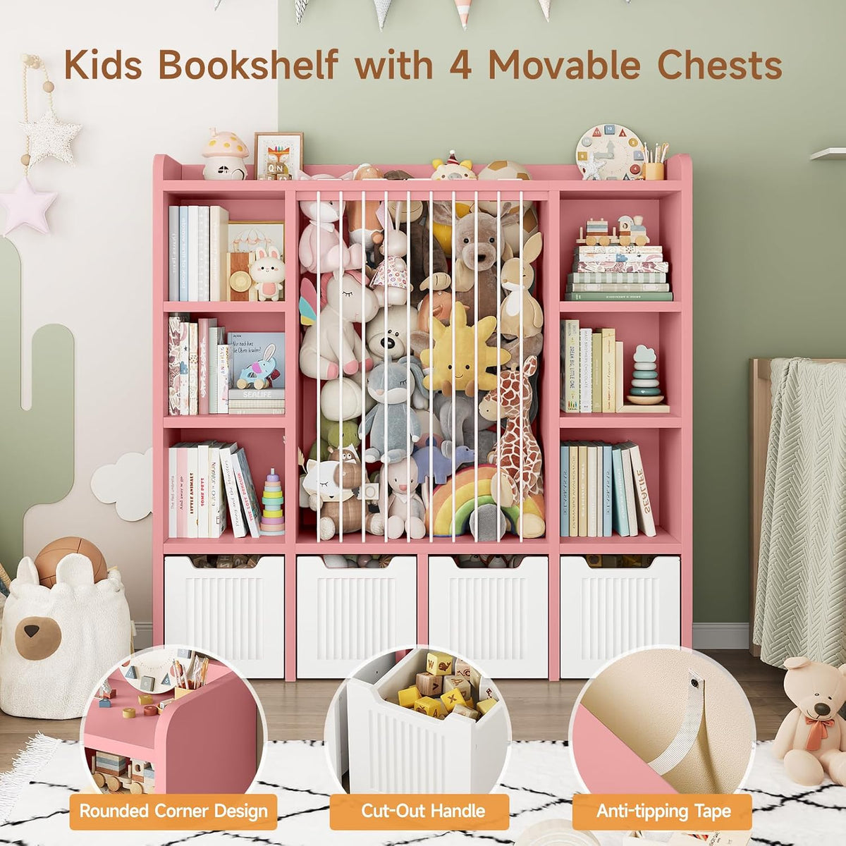 3-in-1 Toy & Stuffed Animal Storage, 4 Movable Toy Chest, White