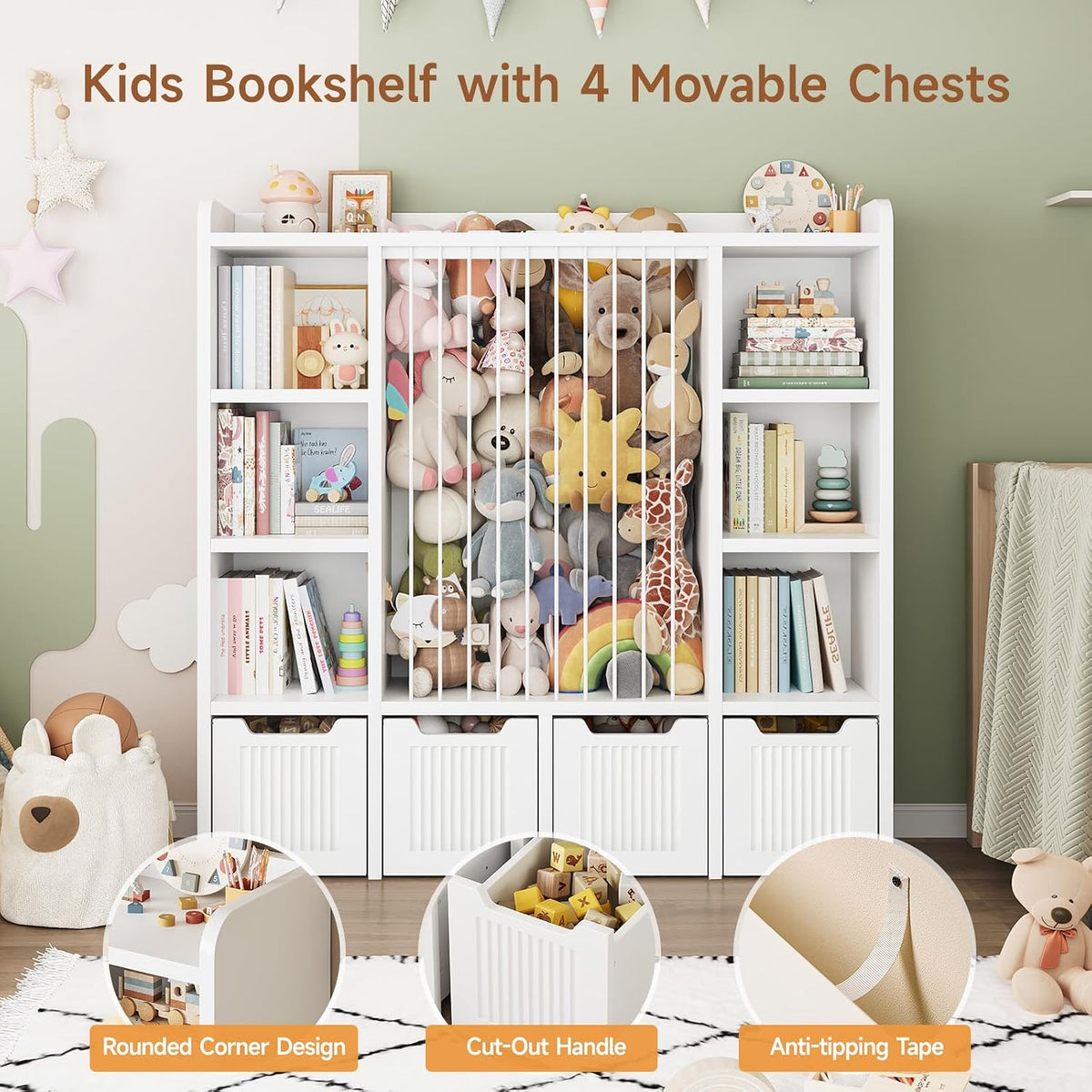 3-in-1 Toy & Stuffed Animal Storage, 4 Movable Toy Chest, White