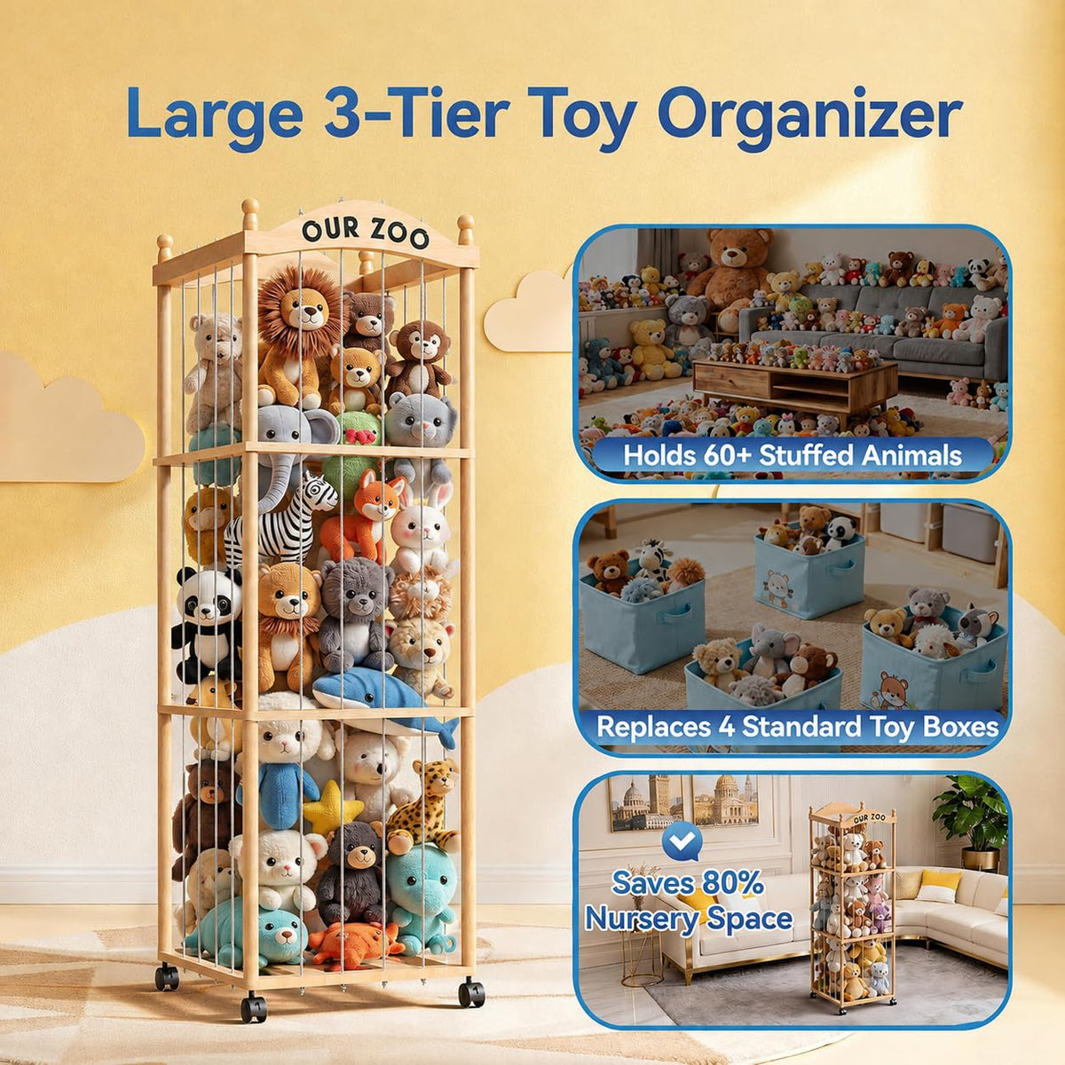 Stuffed Animal Storage Zoo Tower,54" Large Capacity Wooden Toy Organizer