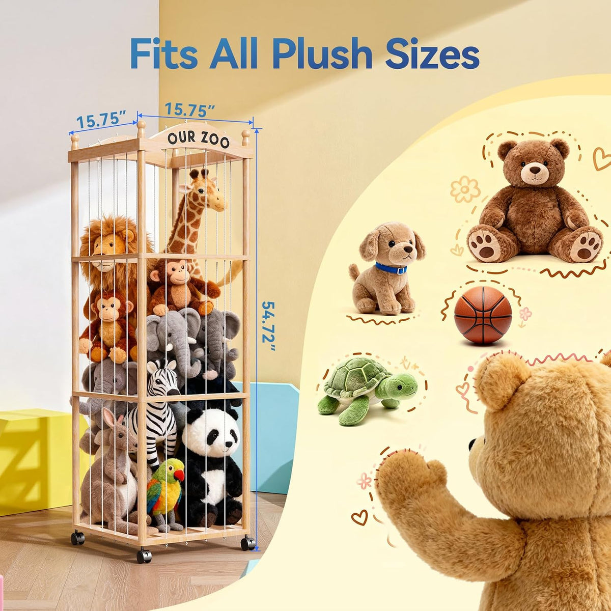 Stuffed Animal Storage Zoo Tower,54" Large Capacity Wooden Toy Organizer