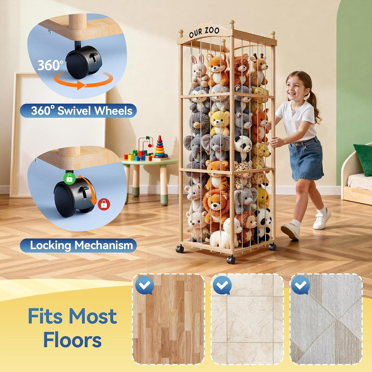 Stuffed Animal Storage Zoo Tower,54" Large Capacity Wooden Toy Organizer