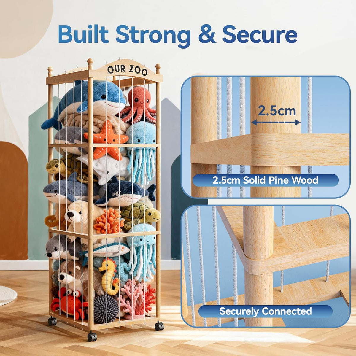 Stuffed Animal Storage Zoo Tower,54" Large Capacity Wooden Toy Organizer