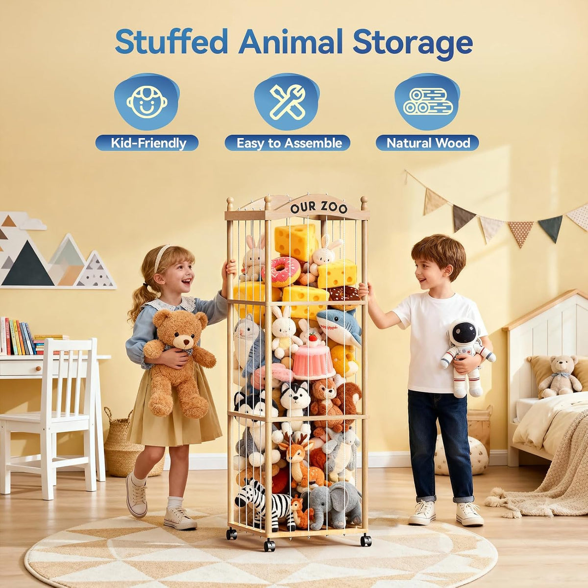 Stuffed Animal Storage Zoo Tower,54" Large Capacity Wooden Toy Organizer